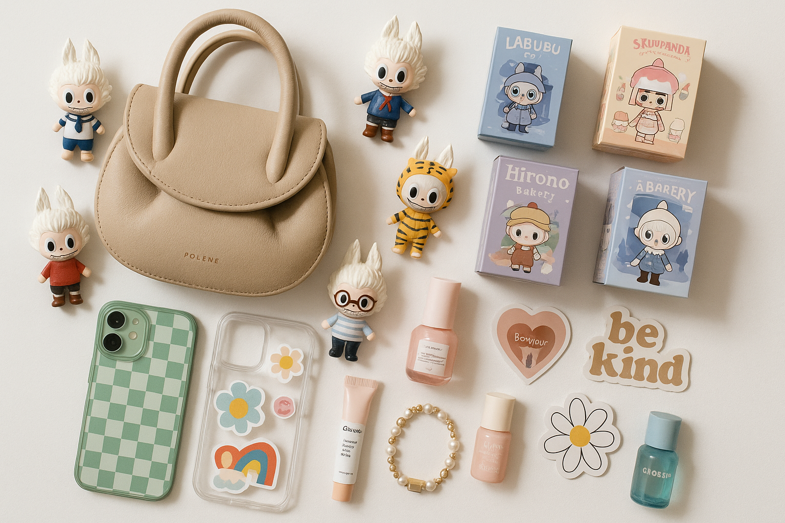 tiktok trendprodukte, flat lay, basic hintergrund, polene tasche, labubu, blindboxes etc